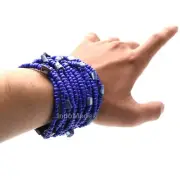 Royal Blue Beaded Bracelet Glass Mother of Pearl Beads Elastic with Wooden Clasp