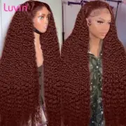 36 Inch Deep Wave 13x6 Lace Frontal Wigs Reddish Brown Remy Curly Human Hair