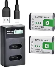 QUMOX 2pcs 950mAh NP-BX1 Battery + LCD Dual USB Charger with Type C Port for Sony NP-BX1/M8, DSC-HX80, HX90V, HX95, HX99, HX350, RX1, RX1R II, RX100 (II/III/IV/V/VA/VI) HDR-AS50, AS300