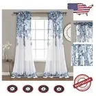 Tanisha Sheer Window Curtain Panels - Elegant Floral Design, Navy & White, 38x95