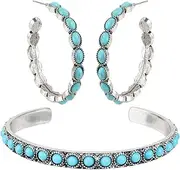 [Mikovivi] Bohemian Turquoise Jewelry Set for Women, Vintage Synthetic Turquoise Bracelet & Oval Hoop Earrings Rustic Western Cuff Bangle Statement Jewelry Gift, Medium, zinc alloy, synthetic turquoise