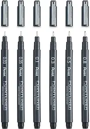 Pentel S20P Pointliner Pigment Liner Technical Drawing Fineliner Pen - 0.03mm, 0.05mm, 0.1mm, 0.3mm, 0.5mm, 0.8mm - Black Ink - Pack of 6