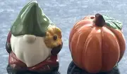 Cracker Barrel Gnome Fall Pumpkin Mini Salt & Pepper shakers Stoneware Set