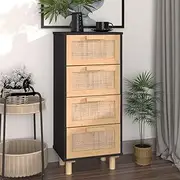 Sideboard Black 40x30x90 cm Solid Wood Pine and Natural Rattan,4Drawer Black Sideboard with Naturally-derived Rattan Weaved Design for Ample Storage Dining Furniture