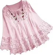 [Generic] Cotton Linen Embroidered Tops for Women Loose Tunic Shirts Long Sleeve Spring Lace Blouse Boho Peasant Trendy Clothes