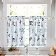 [oremila] Tier Curtains for Kitchen Windows Starfish café Curtains, 1 Pair 27" x 36" Multi-Color Seashell Conch Printed Half Window Curtain Set for Bathroom Rod Pocket, Blue