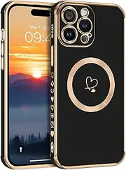 [GUAGUA] for iPhone 14 Pro Max Case Magnetic, Cute Heart Pattern Lovely, Soft TPU Gold Plating Cover Women Girl Drop Protection & 4 Corners Shockproof, Compatiable with Magsafe, Stylish Phone Case,Black