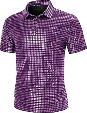 [PHJTOMK] Men's Hipster Nightclub Polo T-Shirt Retro 70s Disco Shirt Shiny Men Short Sleeve