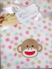 BLANKET BABY STARTER'S SOCK MONKEY W/ STARS PINK BROWN GREEN GIRL PLUSH SOFT NEW