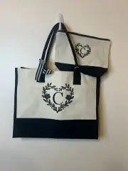 Black & Cream Monogram C Zip Canvas Tote with mini Bag included