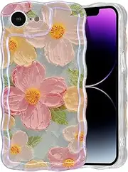 ELEPIK for iPhone 16e Case, Stylish Floral Oil Painting Design, Glossy Finish with Curly Wave Edges, Durable TPU, Protective & Elegant Cover for Girls Women, Green