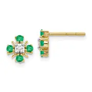 Solid 14k Yellow Gold Simulated Emerald and CZ Post Earrings
