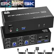 8K Displayport KVM Switch 3 Monitors 2 Computers, DP1.4 Triple Monitor KVM with Audio Microphone Output and 3 USB 3.0 Ports for 2 PC or Laptops, DP 3 Monitors KVM Support Extended and Mode