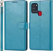 [Cavor] for Samsung Galaxy A21S Wallet Case for Women Flip Folio Kickstand PU Leather Case with Card Holder Wristlet Hand Strap Stand Protective Cover for Galaxy A21S 6.5'' Phone Cases-Sky Blue
