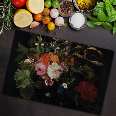 Glass Worktop Saver Kitchen Baroque bouquet dark Dutch flowers 80x52