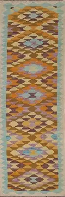 Reversible Wool Kilim Oriental 10 ft Runner Flat weave Rug Tribal Carpet 3x10