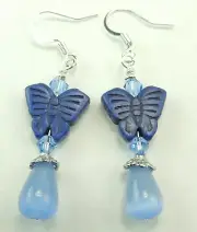 Royal Blue Howlite Butterfly Earrings & Briolette Cats Eye Handmade Jewelry