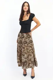 Brown Animal Print Maxi Skirt Tiered High Rise Rayon Lined - Size 14L, Women's Maxi Skirt
