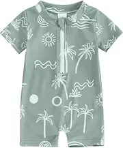 [BULINGNA] Infant Baby Boy Rash Guard Swimsuit Romper Short Sleeve Half Zipper Palm Tree Wave Dino Bathing Suit Beach Swimwear