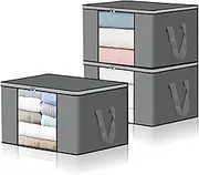 VERONLY 90L Large Storage Bags, 3 Pack Fabric Clothes storage boxes with Durable Handle, Clear Window, Foldable Storage Containers for Clothing, Bedding, Comforters, Blanket and Toys, Grey