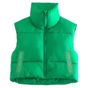 Women Stand Collar Crop Puffer Vest Lightweight Sleeveless Winter Outerwear Down Vest Padded Gilet Green S
