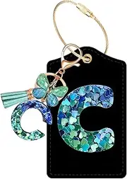 [Yoiilifee] Initial Luggage Tag for Suitcase, Crystal Letter with Tassel Butterfly Keychains Leather Bag Tags, Identifiers Privacy Cover ID Label with Durable Steel Loop for Women Men Kids Travel, Green Letter C