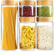 AISIPRIN Airtight Glass Jar with Lid, Glass Storage Containers with Screw On Bamboo Lids, for Cookie, Pasta, Cereal Storage Containers, 5Pcs 80oz 50oz 27oz Canisters Sets for the Kitchen