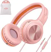 Wired Headphones with Microphone and Volume Control, 85dB,95dB,105dB Volume Limited Headphones with Share Jack, Foldable Lightweight Headset with Bag (Pink)