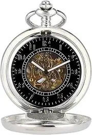 [Kirposh] Retro Silver Hollow Automatic Mechanical Self Wind Pocket Watch Arabic Number Dial Fob Pendant Chain Watches Clock