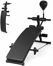 Costway Foldable Decline Sit Up Bench, 5-Level Adjustable Curved Slant Board Ab Exercise Bench w/Speed Ball, Pump & 2 Resistance Bands, Home Gym Workout Strength Training Equipment for Core Muscles