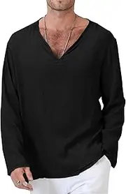 [Maiyifu-GJ] Men's Casual V-Neck Long Sleeve Shirt Solid Color Fashion Sweatshirt Athletic Flax Shirt