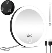 JJhxr 30X Travel Magnifying Mirror with Lights, Rechargeable 30X Travel Magnified Mirror, 4inch Pocket Makeup Magnification 3 Color Dimmable with Suction Cups and Scissors Set