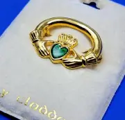 SOL D'OR Gold Tone Lucky CLADDAGH w/ GREEN ENAMEL HEART Brooch Pin NEW Ireland