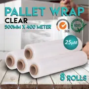 8 Rolls 500mm x 400m 25UM CLEAR Stretch Film Pallet Wrap Carton Shrink