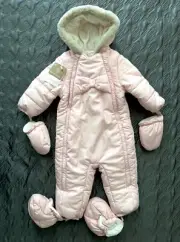 MAYORAL BABY 18 MO PINK HOODED BOW SNOWSUIT-BOOTIES & MITTENS NWT