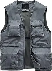 [QtthZZr] Men's Vest Sleeveless Casual Gilet Cotton Multi-Pocket Vest Outdoor Fishing Travel Vest Breathable Waistcoat,Gray,M