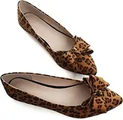 [TN TANGNEST] Women's Summer Dress Flats - Comfortable Pointed Toe Bowknot Ballet Shoes for Woman - Soft Suede Driving Flats, D Leopard Brown, 8.5