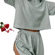 [Wryhaul] Sereluxe Pajama Set, Wrap Split Shorts, Soft & Seductive, Side Split Short, Striped Print, Women's Striped Two Piece Pajama Set
