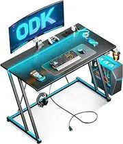 ODK Gaming Desk with LED Lights & Power Outlet, Computer Desk 100x50cm for Small Space, Cheap Gaming Table with Carbon Fiber Texture, Kids Desk Boys Men, Black