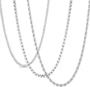 [EVELICAL] 3Pcs Chain Necklace for Men Women Stainless Steel Cuban Link Rolo Rope Chain Necklace 18-30 Inches Silver Chain for Men 2-4MM Wide