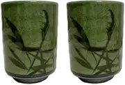 j-pure hitomi Japanese Traditional Ceramic Yunomi Tea cup Set, H4.0 x3.11 Inches in diameter, 10.8 Fluid Ounces, Mino Ware, Reed Motif Design Mashiko for Hot Green Tea, Set of 2 from Japan (Green)