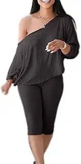 [FYEARFOX] Women's Two Piece Outfits Off One Shoulder Long Sleeve Pullover Top Drawstring Capri Pants Tracksuit Sets