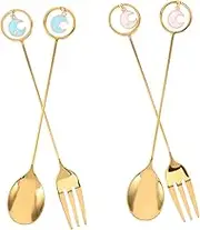 VERDANVERSE 4Pcs Moon and Star Dessert Forks Spoons Set Stainless Steel Stirring Spoons for Coffee Ice Cream Cake Unique Tableware for Home Dining Golden Finish