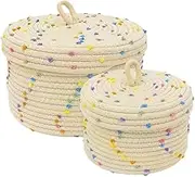 2 Pack Round Cotton Rope Woven Storage Baskets with Lids, Small Shelf Baskets with Handles, Decorative Organizer Bins