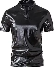 [PHJTOMK] Men's Retro Disco Metallic Polo T Shirt Shiny Party Men Short Sleeves Casual Stand Collared Shirt, Black, Large