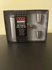 OGGI STAINLESS STEEL CUP 6 oz. Hip Flask, 2-1 oz. Shot Set With Filling Funnel.