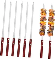 6Pcs Stainless Steel Flat Skewers for Grilling Long Roasting Sticks with Wooden Handle Multi Purpose BBQ Skewers for Kebab Camping and Outdoor Cooking