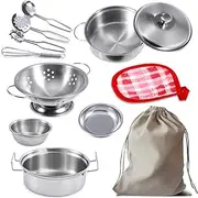 Kids Pretend Play Toys, Mini Kitchen Accessories Set With Stainless Steel Pots and Pans, Miniature Cooking Utensils Cookware for Girls and Boys, Classic Style 11PCS