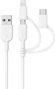 Anker PowerLine II 3-in-1 Cable, Lightning/Type C/Micro USB Cable for iPhone, iPad, Huawei, HTC, LG, Samsung Galaxy, Sony Xperia, Android Smartphones, and More(3ft, White)