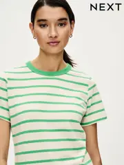 Green Stripe Essential Pure Cotton Short Sleeve Crew Neck T-Shirt (U75189) | $6